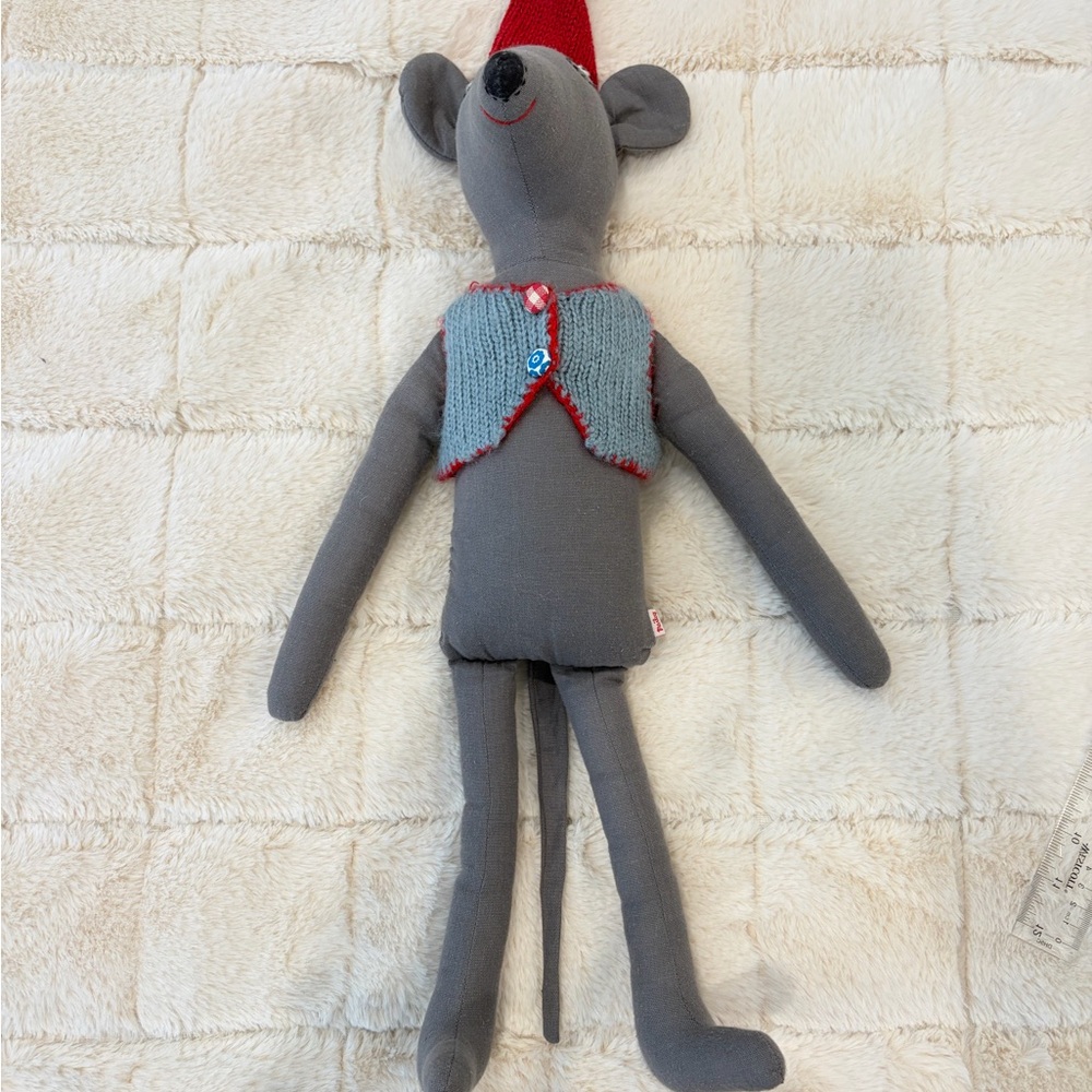 Grey Plush Mouse with Red Hat and Blue Vest - Soft Stuffed Animal